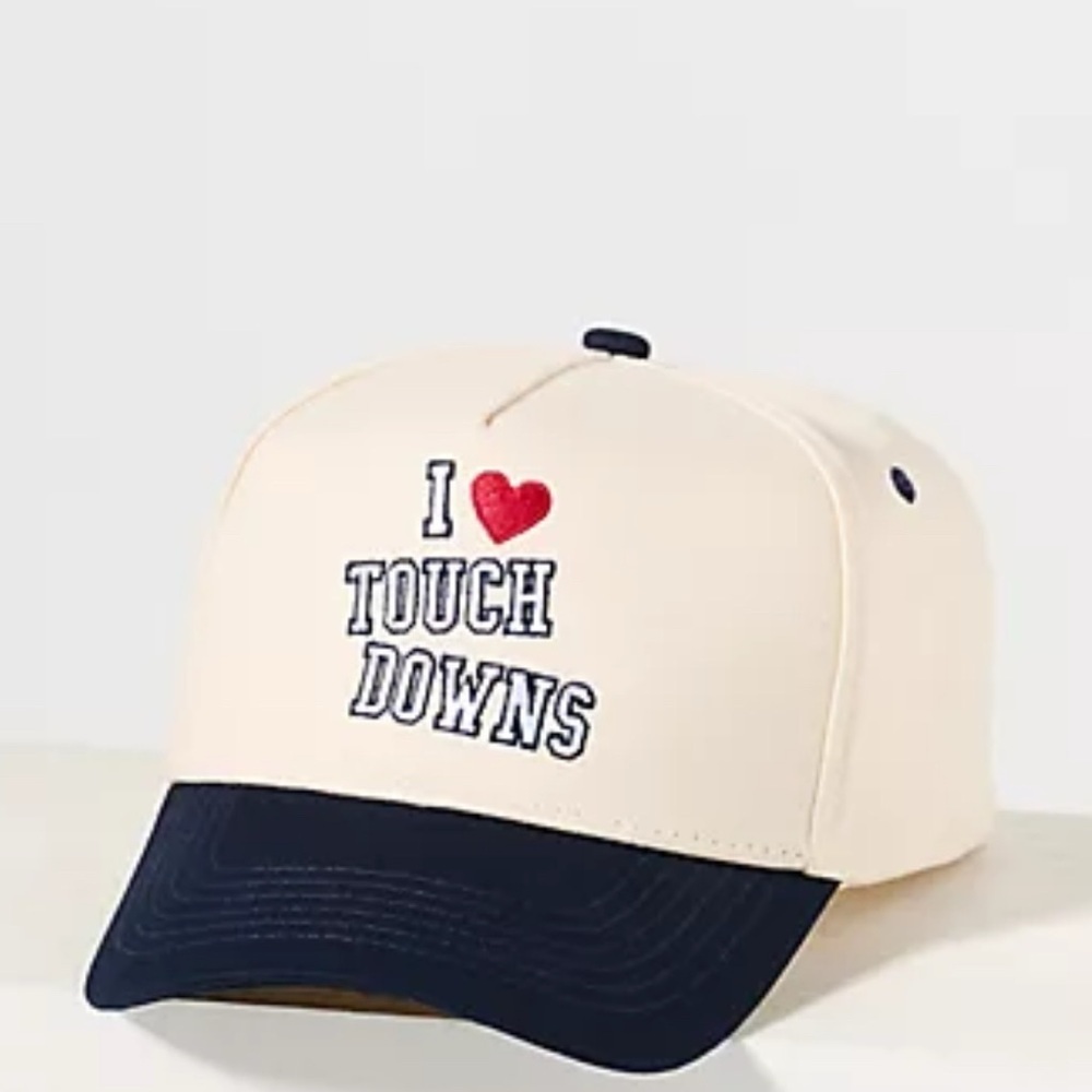 Anthropologie Kenz Kustomz I Heart Touch Downs Cream Navy Cotton Trucker Hat New